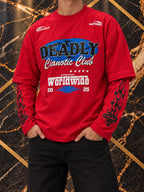 Maglia rossa Cianotic Deadly, indossato, inquadratura senza volto su marmo nero e oro — immagine rielaborata