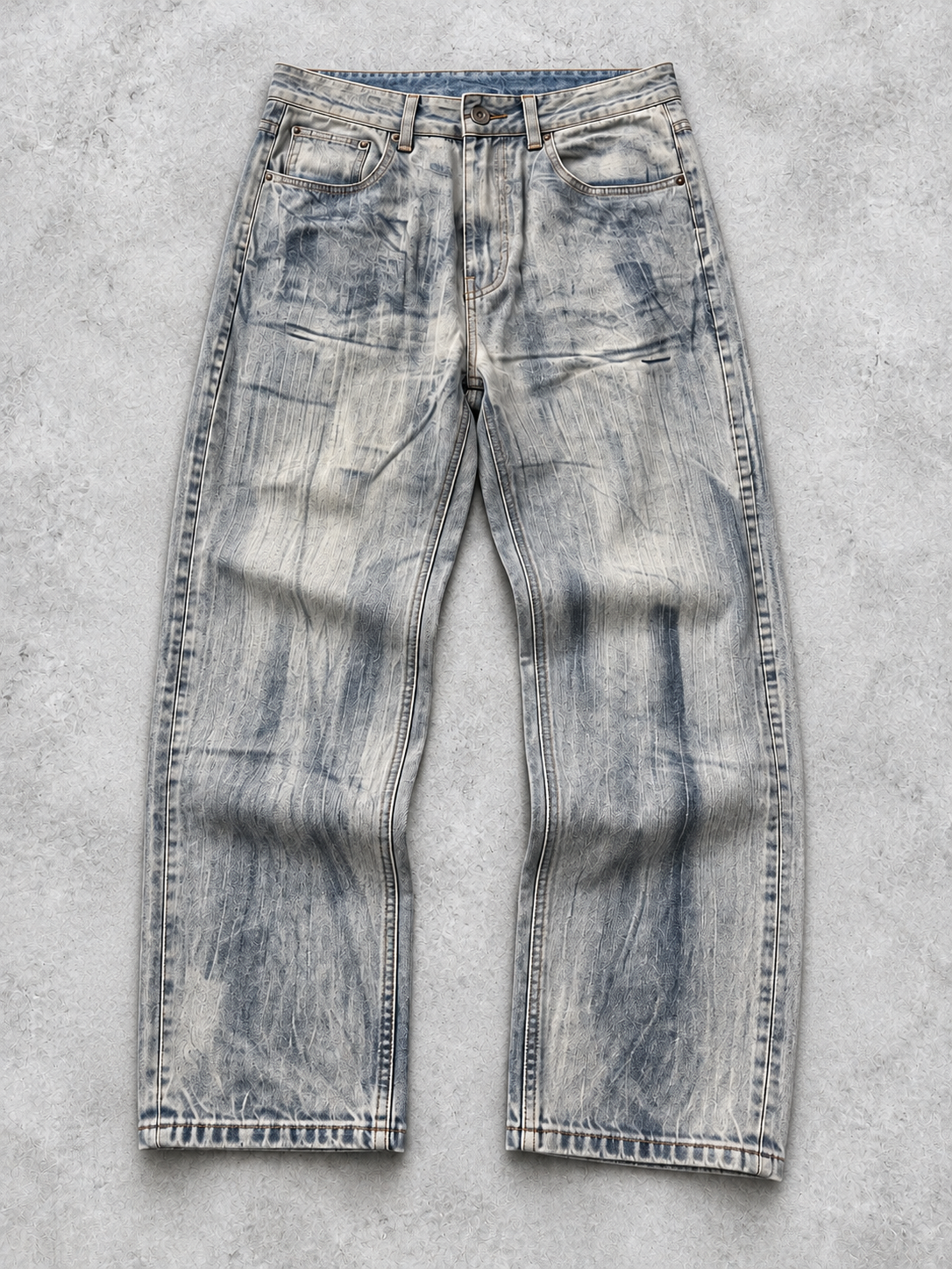Jeans grigio chiaro effetto slavato, vista frontale in piano su fondo grigio chiaro