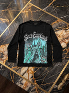 Maglia nera a maniche lunghe con grafica New York, fotografia reale del capo